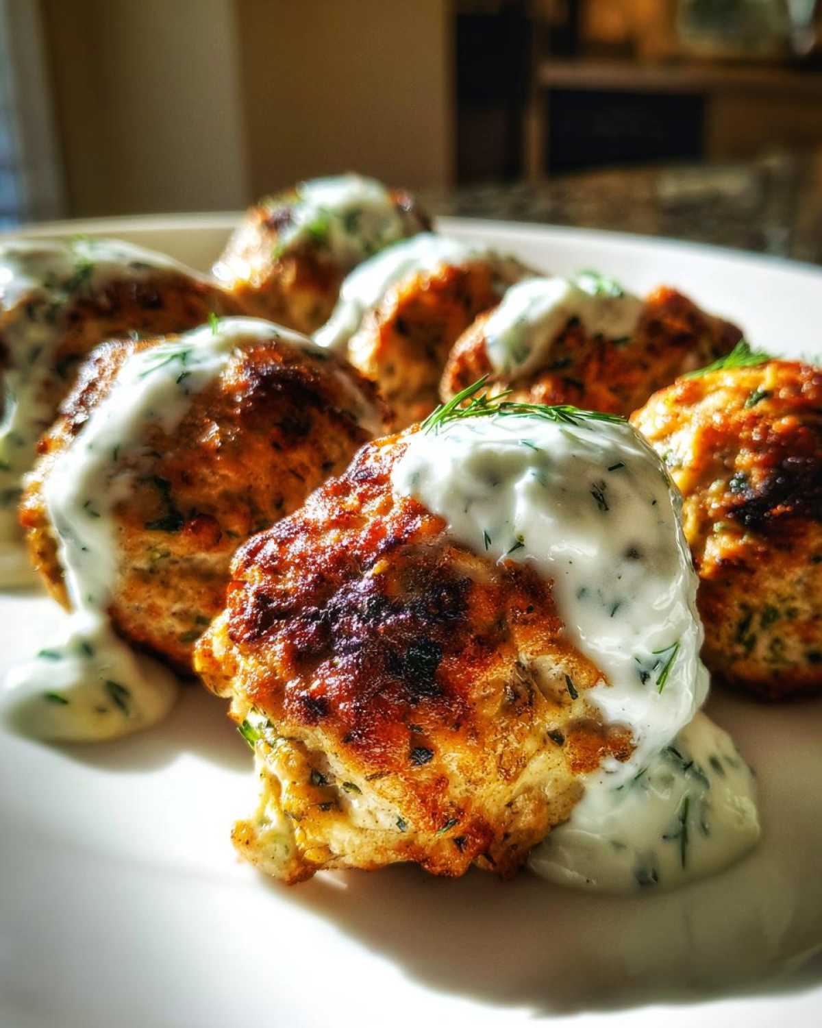 Close-up of several golden brown greek chicken meatballs topped with creamy dill tzatziki sauce.