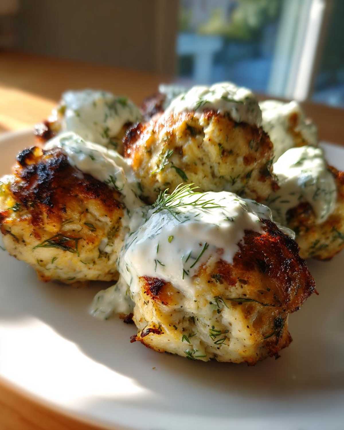 Close-up of golden brown greek chicken meatballs topped with creamy dill tzatziki sauce.