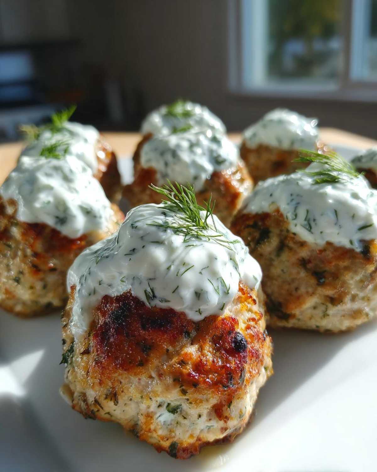 Close-up of juicy greek chicken meatballs topped with creamy tzatziki sauce and fresh dill.
