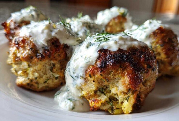 Close-up of several juicy greek chicken meatballs topped with creamy tzatziki sauce and fresh dill.