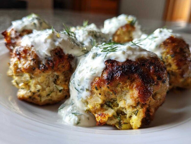 Close-up of several juicy greek chicken meatballs topped with creamy tzatziki sauce and fresh dill.