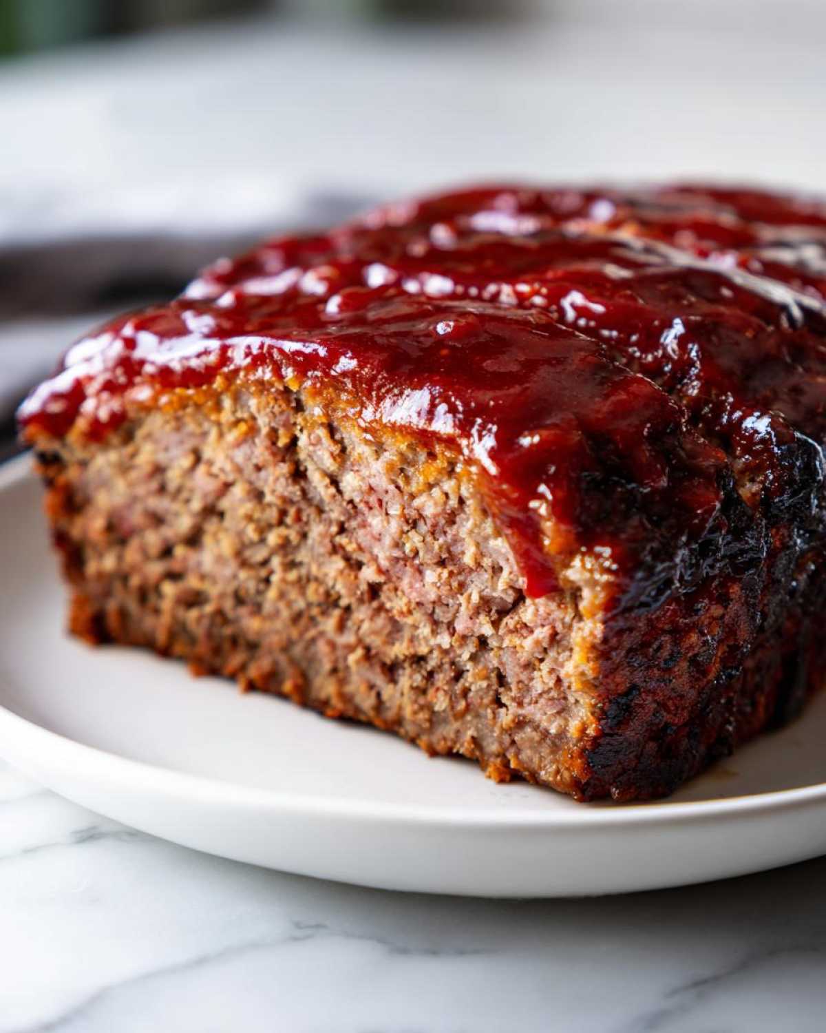 Close-up of a slice of juicy Keto meatloaf topped with a thick, shiny red glaze.