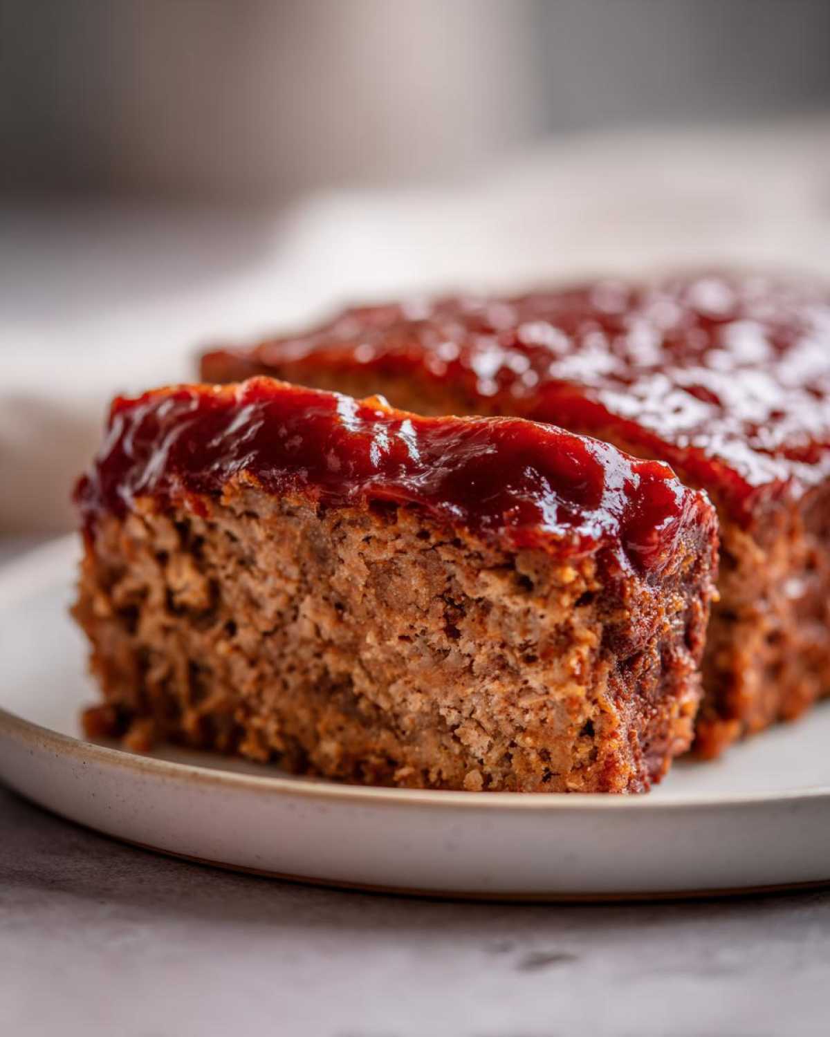 Close-up of a thick slice of juicy Keto meatloaf topped with a shiny, dark red glaze.