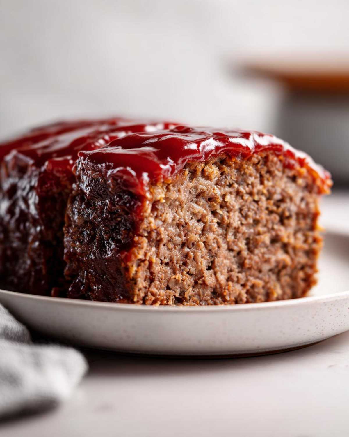 Close-up of a thick slice of juicy Keto meatloaf topped with a rich, glossy red glaze.