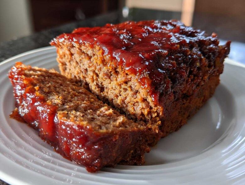 A thick slice cut from a juicy Keto meatloaf topped with a shiny, dark red glaze, served on a white plate.