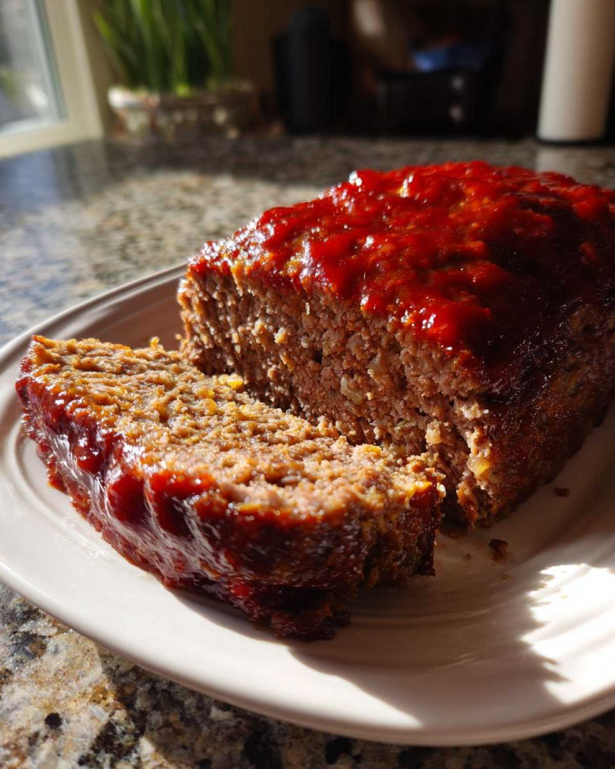 A moist, sliced meatloaf covered in a shiny red glaze, sitting on a white platter.