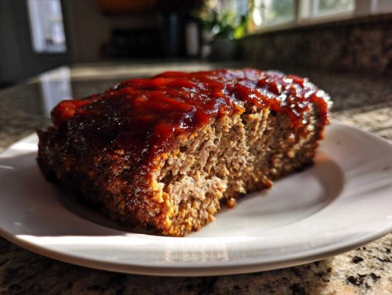 A thick slice of moist meatloaf topped with a shiny, thick red glaze, sitting on a white plate.