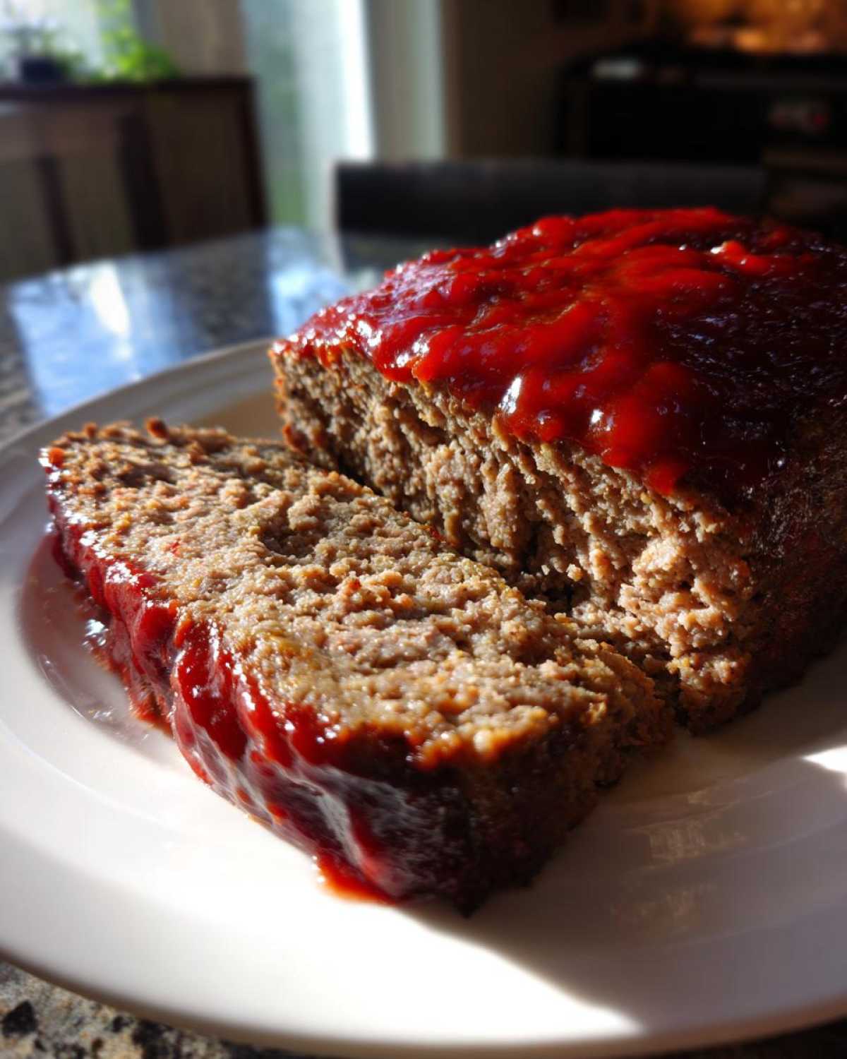 Close-up of a moist, sliced meatloaf topped with a thick, bright red glaze, served on a white plate.