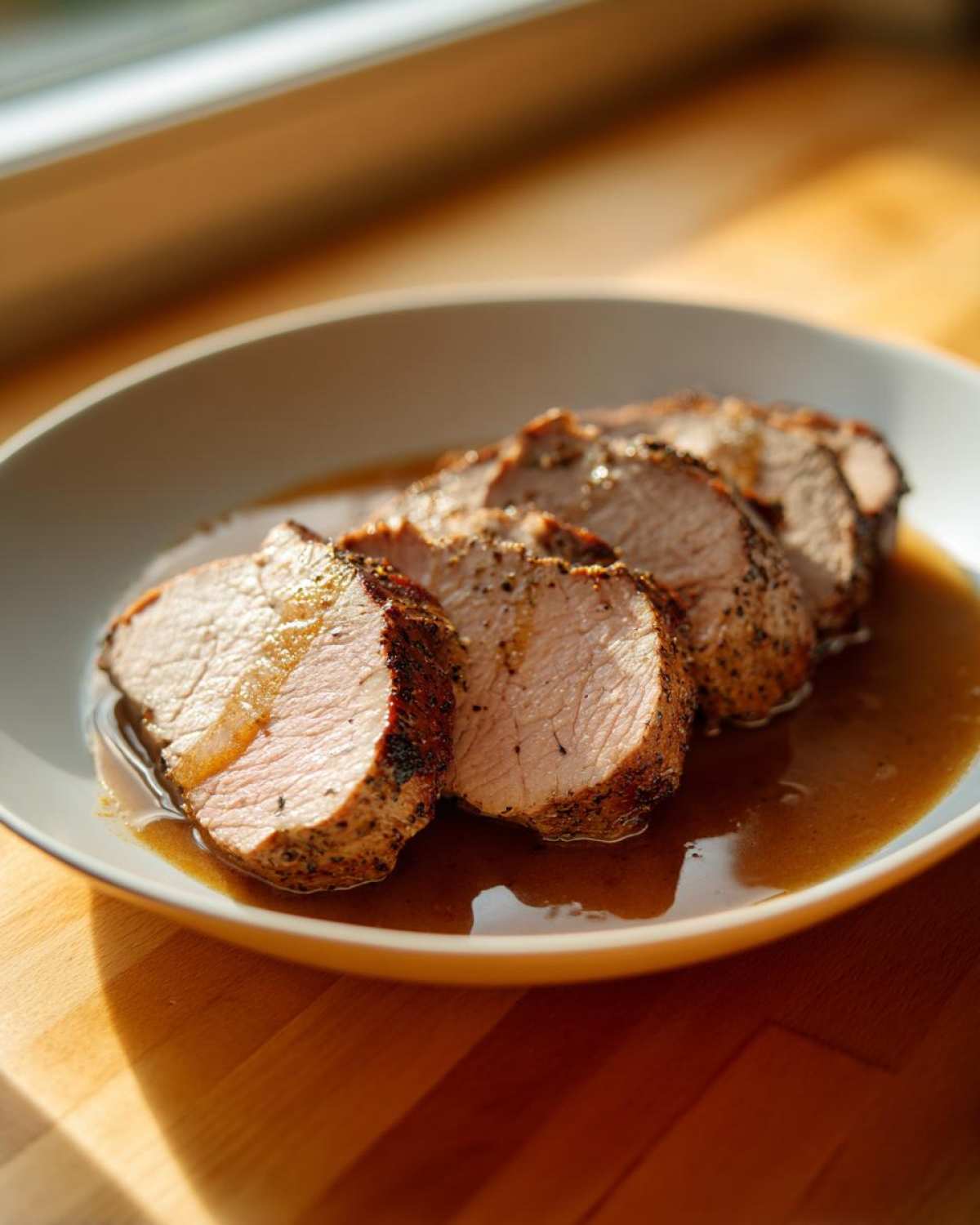 Close-up of four thick slices of perfectly cooked pork loin roast resting in brown pan juices on a light plate.