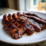 Close-up of perfectly grilled and sliced steak coated in a rich Carne asada marinade, resting on a white plate.