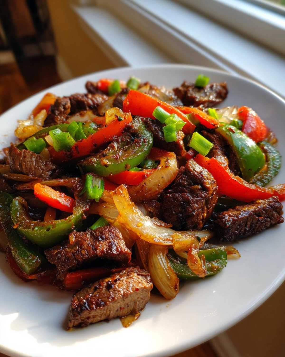 Close-up of juicy steak fajitas featuring seasoned beef pieces, sautéed onions, red and green bell peppers, garnished with green onions.