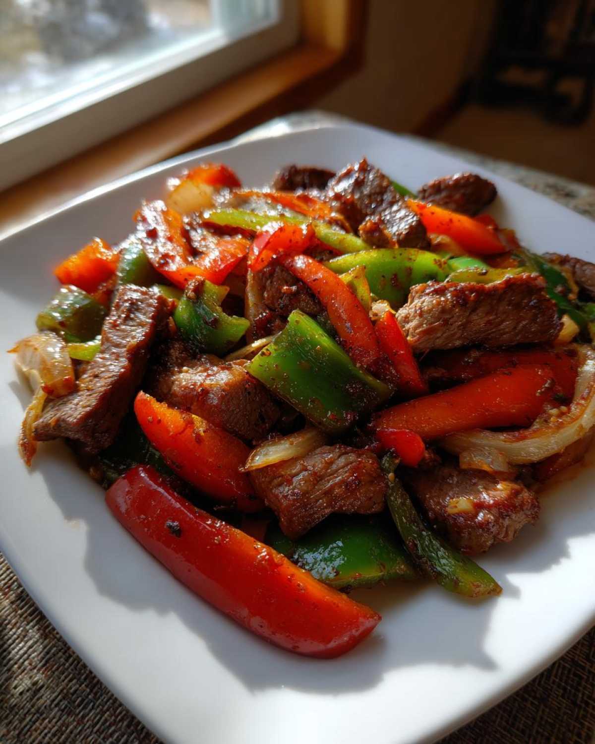 Close-up of seasoned steak fajitas mix with vibrant red and green bell peppers and onions on a white plate.