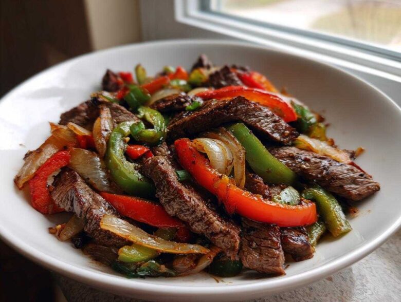 Close-up of sizzling steak fajitas featuring strips of seared beef, red and green bell peppers, and onions in a white bowl.