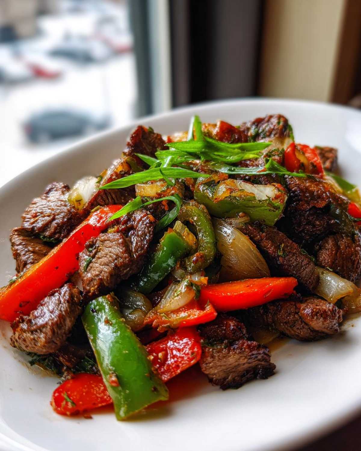 Close-up of sizzling steak fajitas featuring seared beef strips, red and green bell peppers, and onions, garnished with green onions.