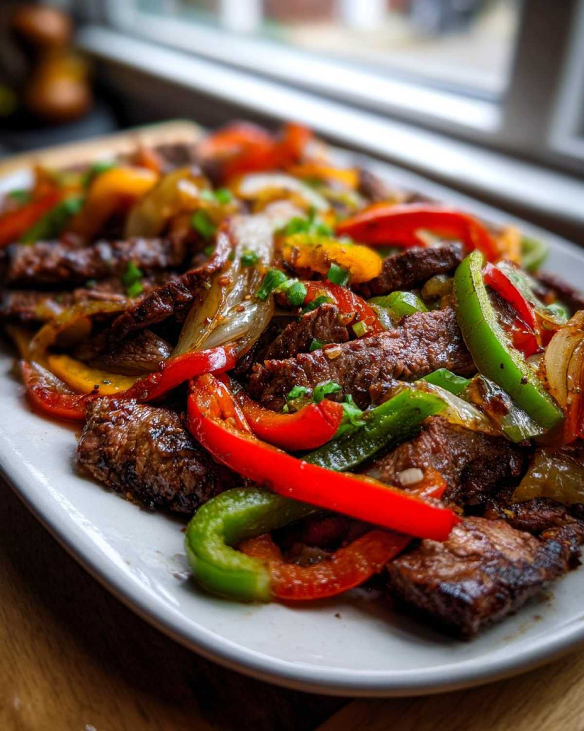 Close-up of sizzling steak fajitas featuring strips of seasoned beef mixed with vibrant red, green, and yellow bell peppers and onions.