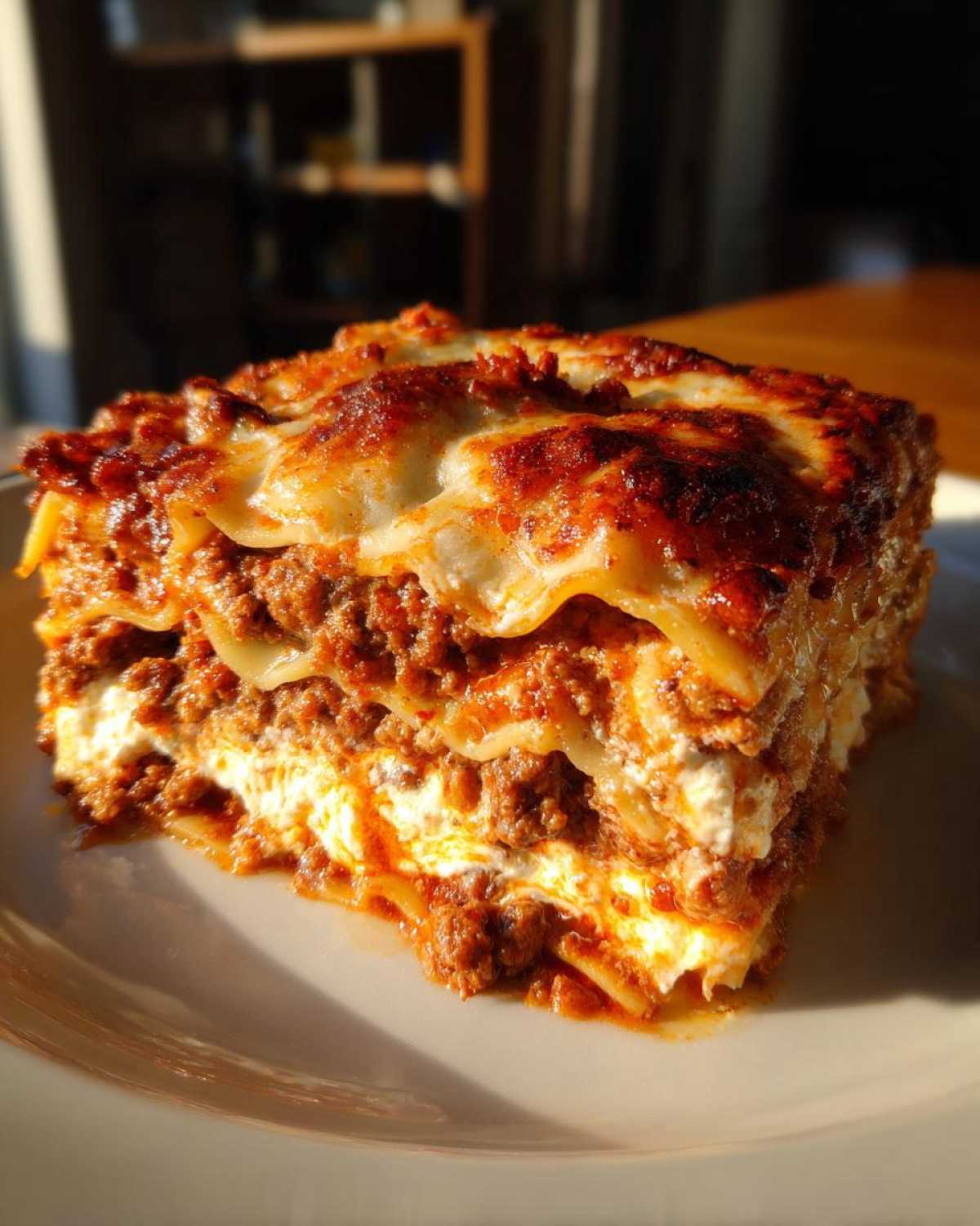 A thick, golden-brown slice of Lasagna with Cottage Cheese showing layers of pasta, meat sauce, and white cheese filling.