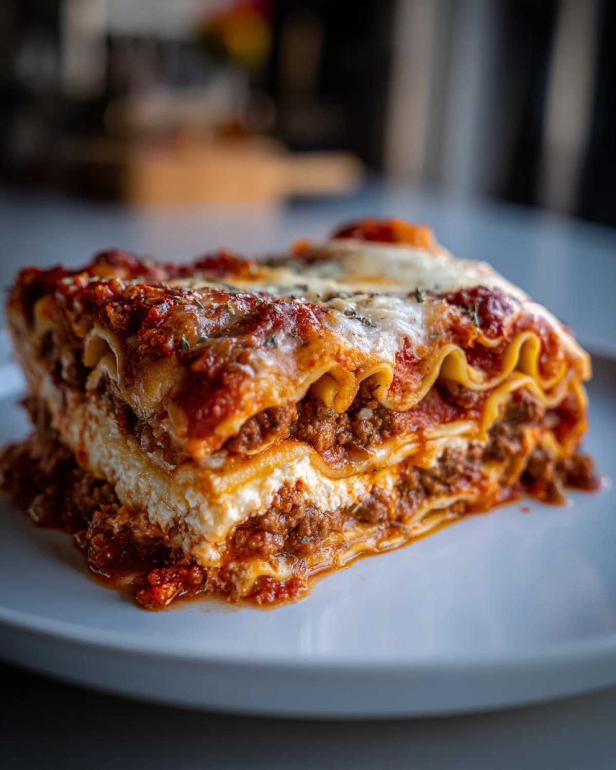 A thick, juicy slice of lasagna with cottage cheese, meat sauce, and melted cheese topping.