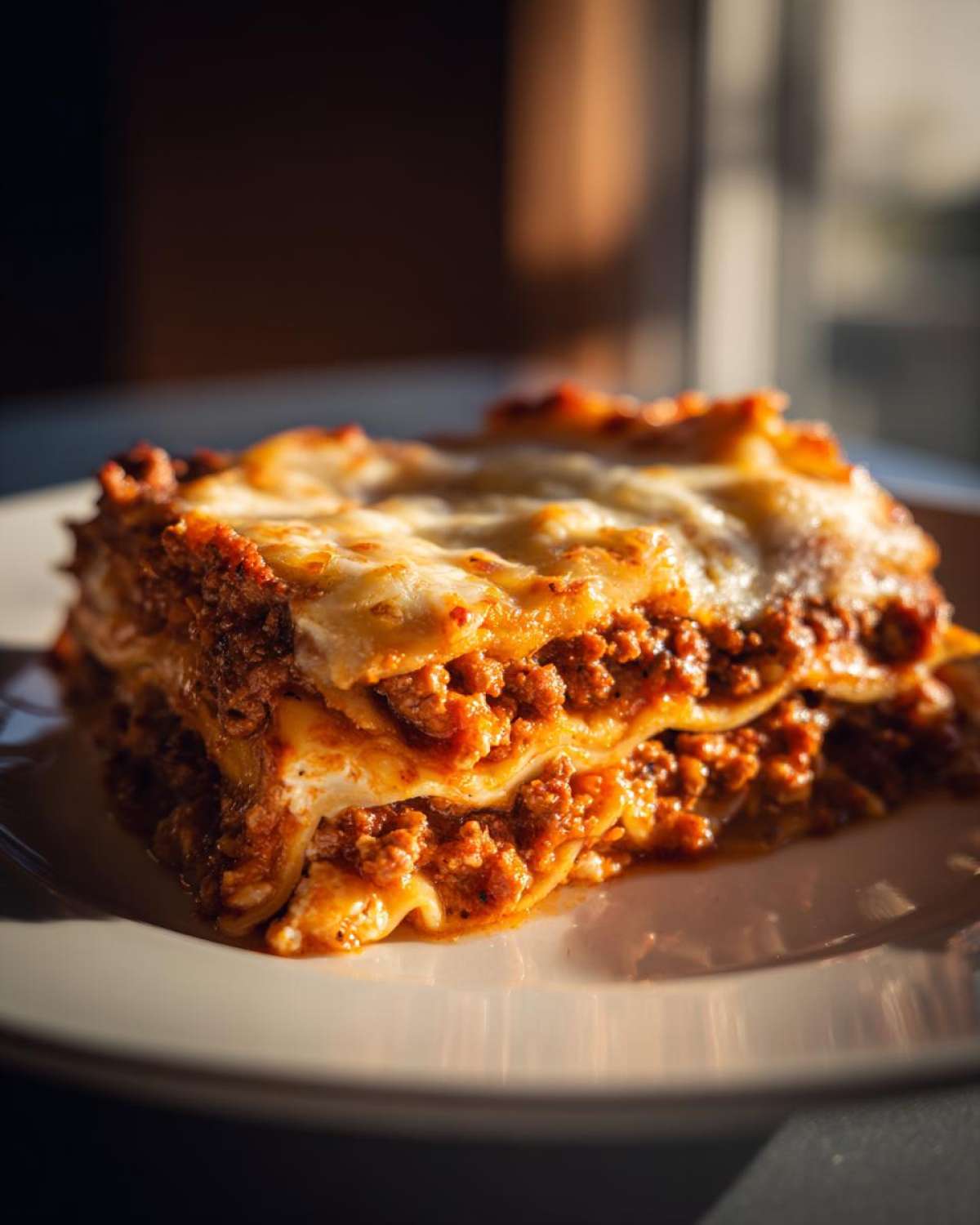 A close-up, appetizing slice of lasagna with cottage cheese layers and rich meat sauce.
