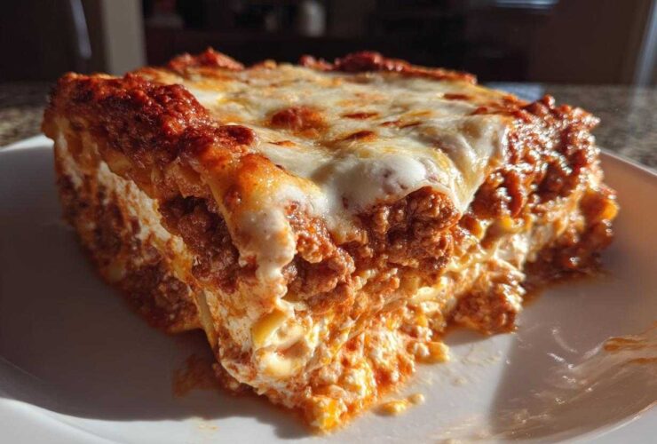 A close-up, sunlit slice of Lasagna with Cottage Cheese showing layers of meat sauce, pasta, and melted cheese topping.