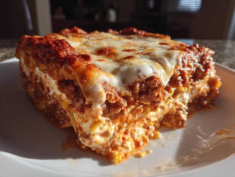 A close-up, sunlit slice of Lasagna with Cottage Cheese showing layers of meat sauce, pasta, and melted cheese topping.