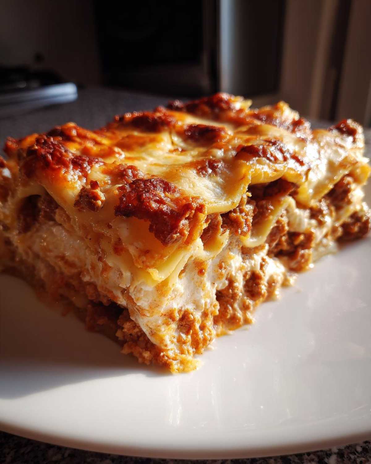 A close-up, sunlit slice of rich Lasagna with Cottage Cheese layered with meat sauce and melted cheese.