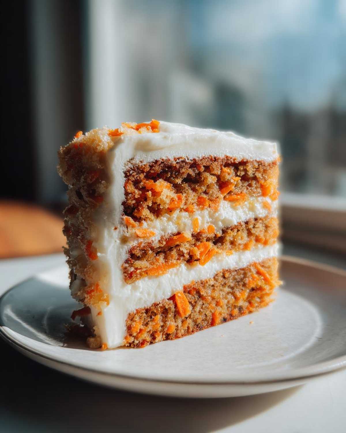 A tall, three-layer slice of homemade carrot cake recipe with thick cream cheese frosting, sitting on a light plate.