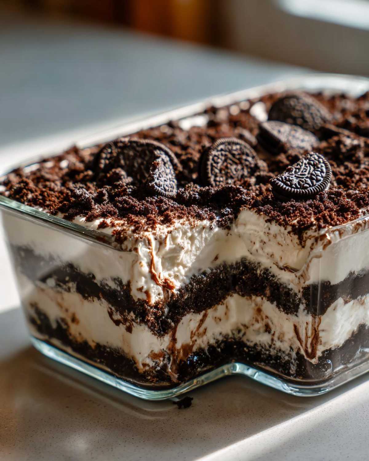A close-up of a layered dirt cake in a glass dish, featuring alternating layers of cream and crushed chocolate cookies, topped with whole Oreo cookies.