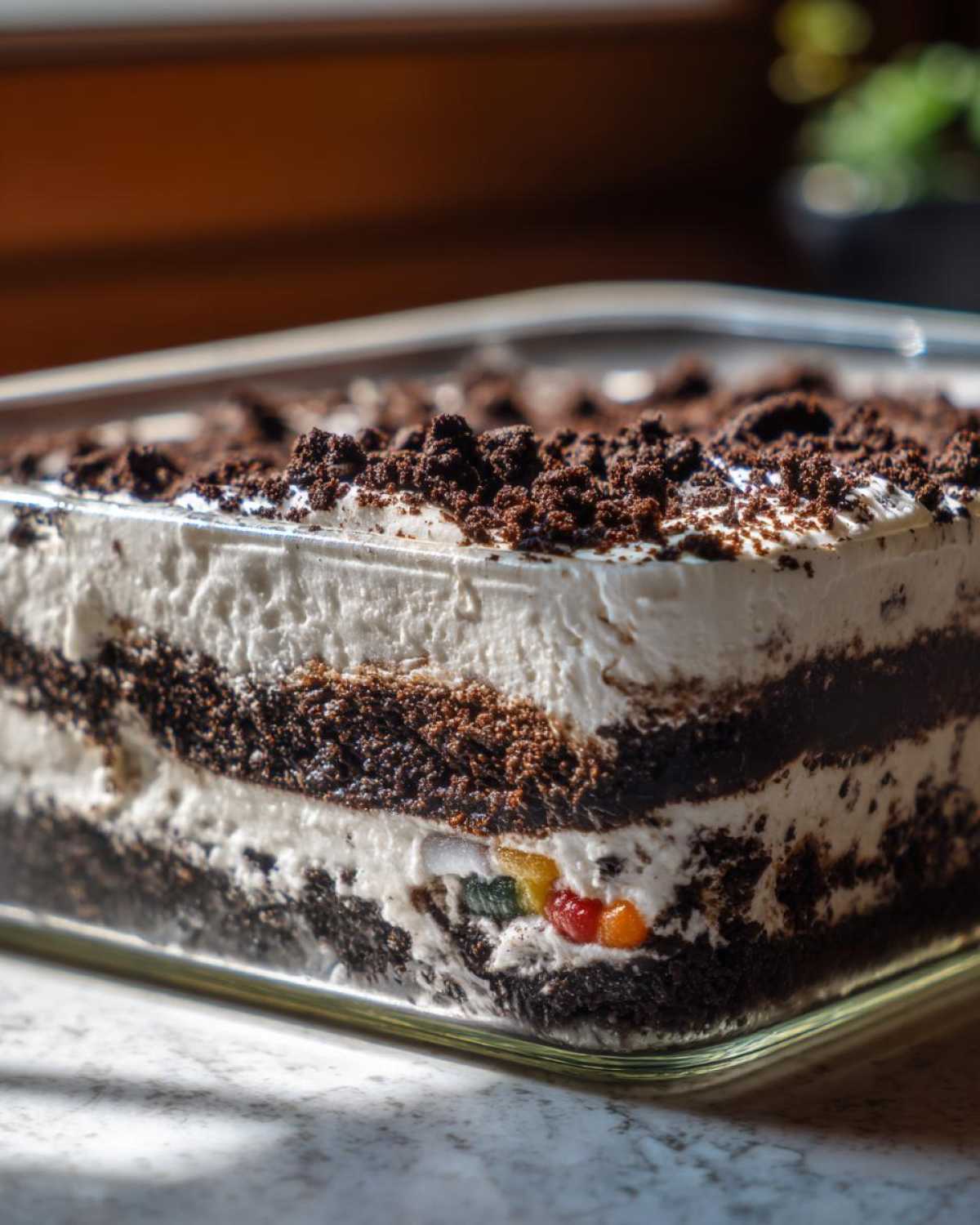 Close-up of layered dirt cake showing chocolate cookie crumbs and cream layers, with gummy candies visible near the bottom.