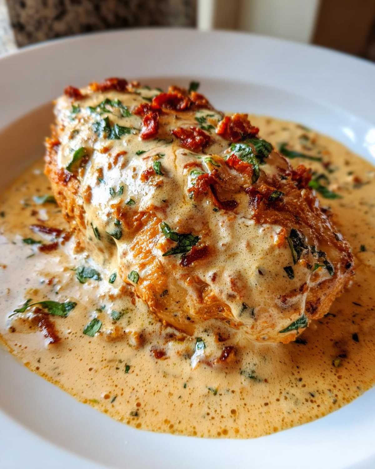 A close-up of a perfectly cooked Marry Me Chicken breast smothered in a rich, creamy sauce with sun-dried tomatoes and herbs.