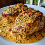 Close-up of two pan-seared chicken breasts smothered in a rich, creamy Marry Me Chicken sauce with herbs and sun-dried tomatoes.