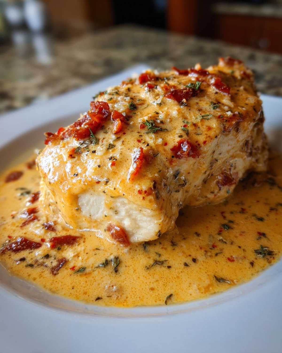 Close-up of a perfectly cooked piece of Marry Me Chicken smothered in a rich, creamy sauce with sun-dried tomatoes and herbs.