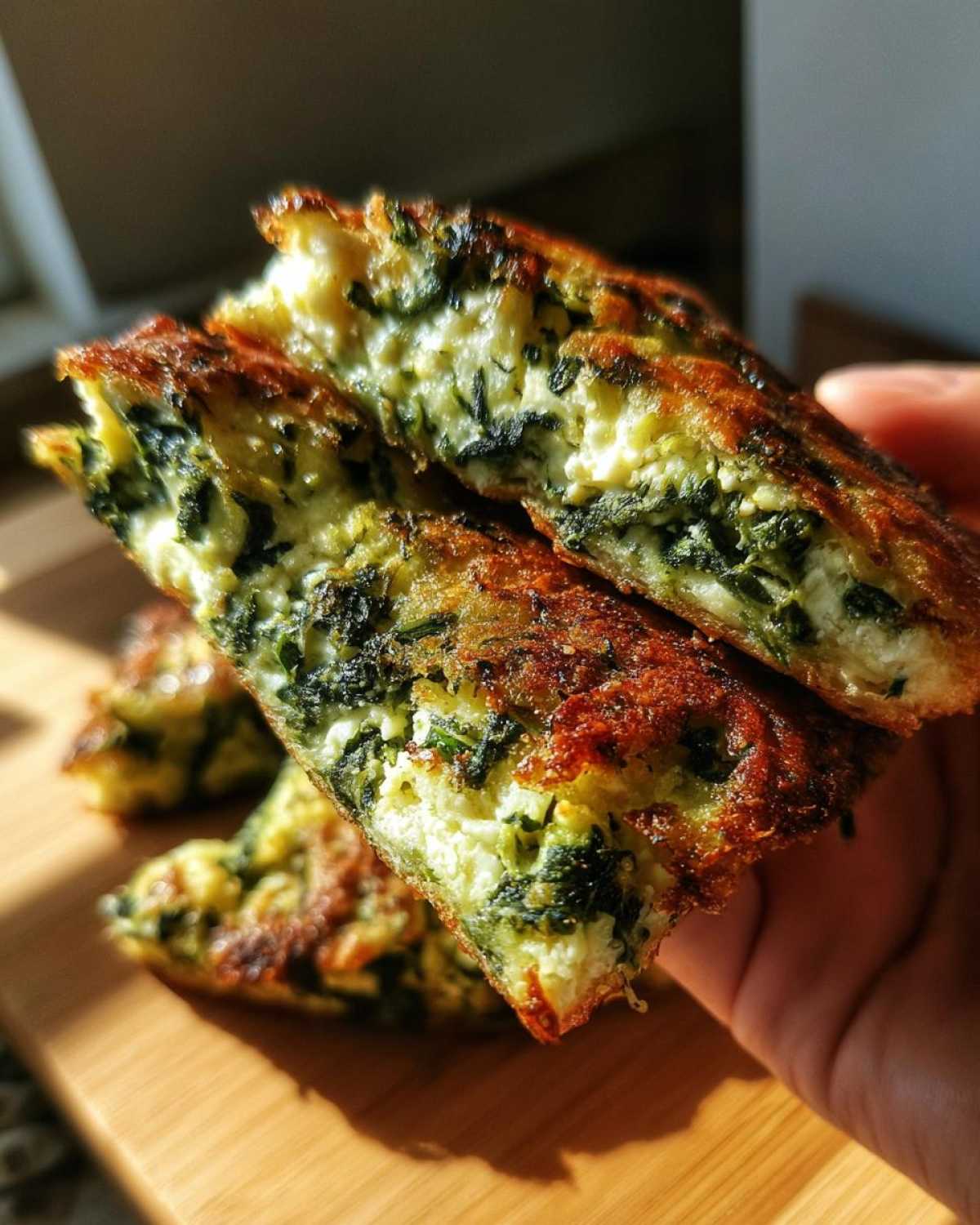 A hand holds up two halves of a golden-brown Mediterranean Spinach and Feta Cheese Crisps, showing the cheesy filling.