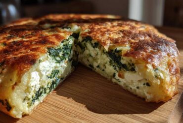 Close-up of a thick, golden-brown Mediterranean Spinach and Feta Cheese Crisps, showing the rich filling of spinach and feta.