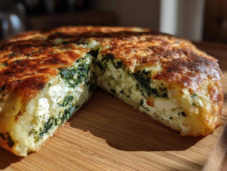 Close-up of a thick, golden-brown Mediterranean Spinach and Feta Cheese Crisps, showing the rich filling of spinach and feta.