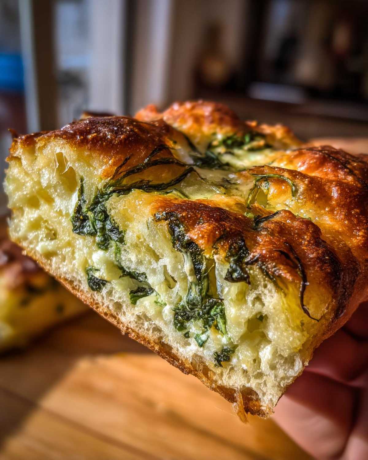 Close-up of a thick, fluffy piece of Mediterranean Spinach and Feta Cheese Crisps showing the cheesy filling and golden crust.