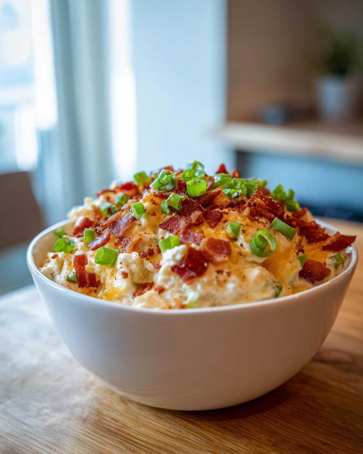 A hearty bowl of rich, creamy Million Dollar Dip topped with crumbled bacon, shredded cheese, and fresh green onions.
