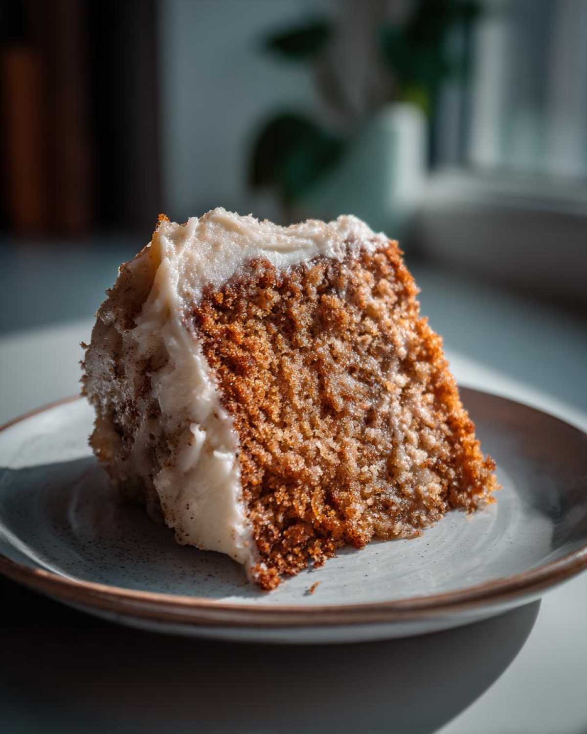 A close-up slice of moist, spiced applesauce cake topped with thick white frosting, sitting on a speckled plate.