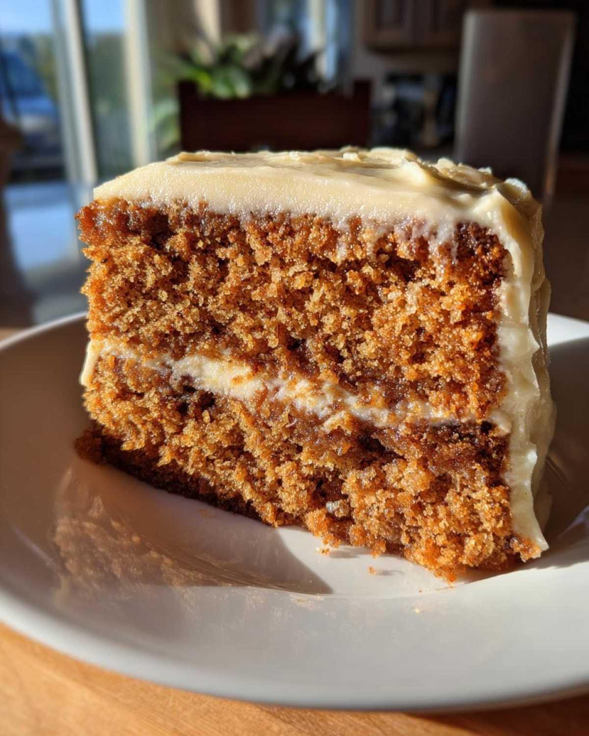 Close-up of a moist slice of applesauce cake layered with white frosting, sitting on a white plate.