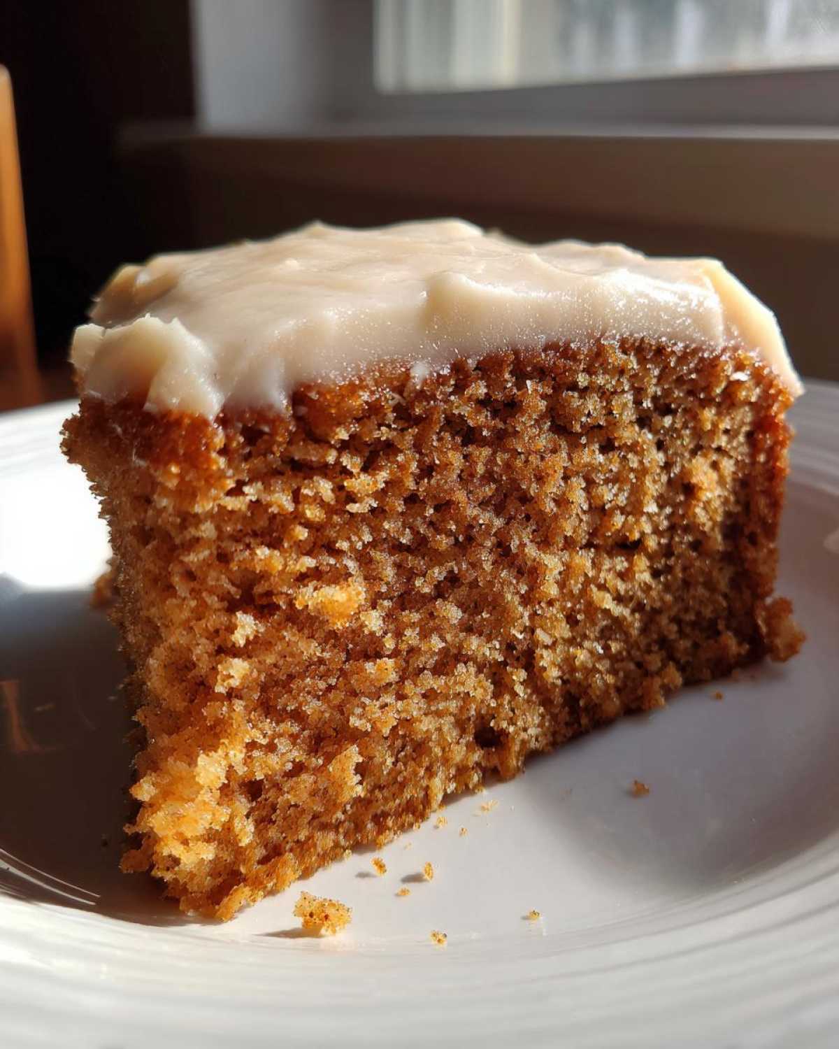 A close-up slice of moist, spiced applesauce cake topped with thick, white frosting, sitting on a white plate.