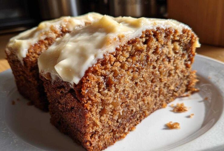 Close-up of two slices of moist, dark brown applesauce cake topped with thick, creamy white frosting.