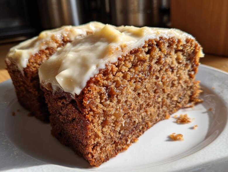 Close-up of two slices of moist, dark brown applesauce cake topped with thick, creamy white frosting.