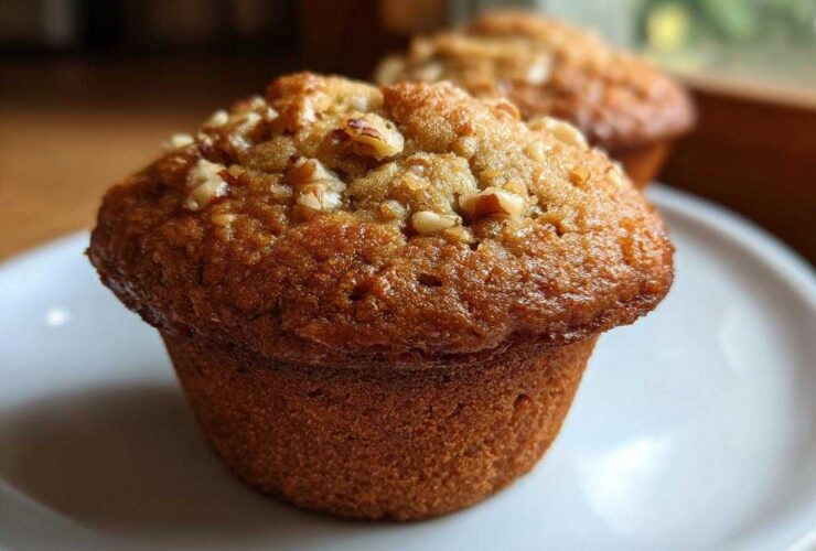 Close-up of a perfectly baked banana nut muffin with a golden-brown top sprinkled with chopped nuts.