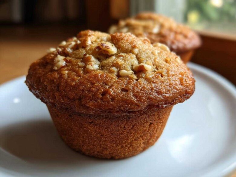Close-up of a perfectly baked banana nut muffin with a golden-brown top sprinkled with chopped nuts.