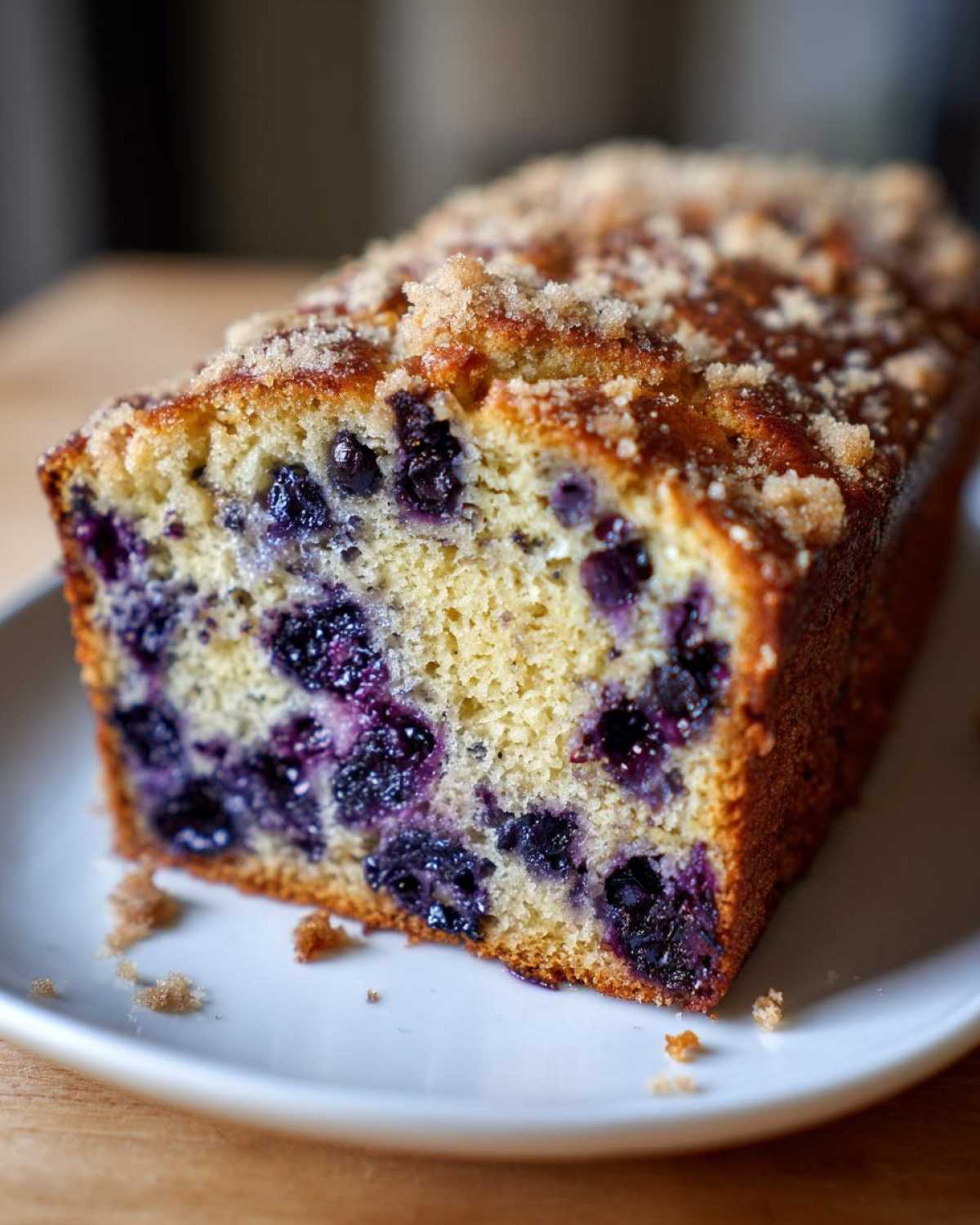 A close-up of moist blueberry banana bread with a brown sugar crumb topping, showing juicy blueberries throughout.