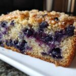 Close-up of a moist slice of blueberry banana bread featuring vibrant blueberries and a crumbly streusel topping.