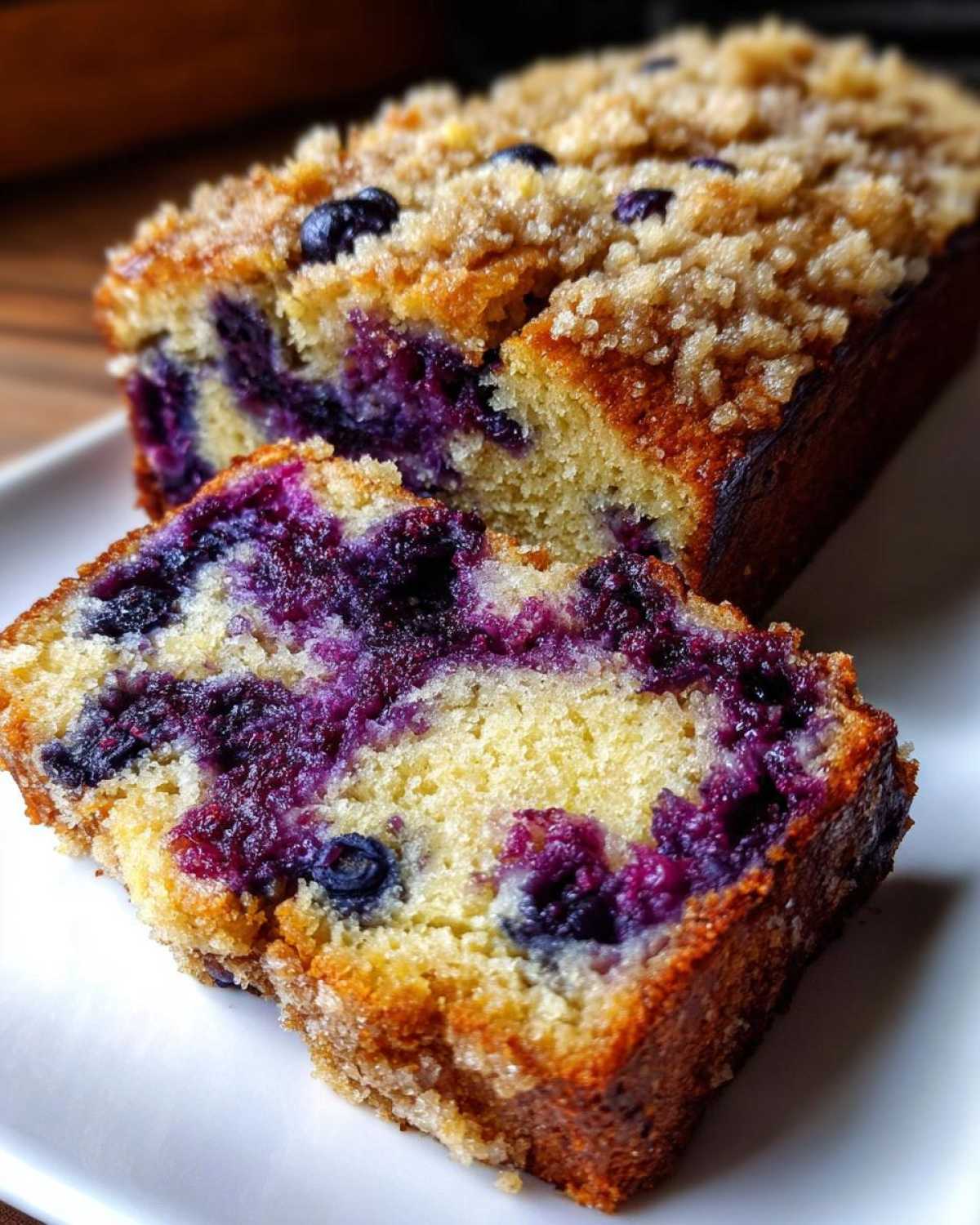 Close-up of a slice of moist blueberry banana bread showing vibrant purple blueberries baked into the yellow crumb and topped with streusel.