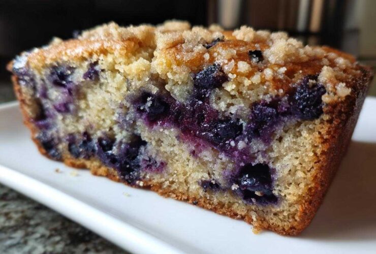 Close-up of a moist slice of blueberry banana bread featuring vibrant blueberries and a crumbly streusel topping.