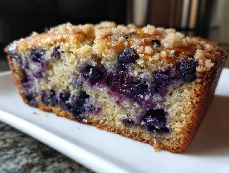 Close-up of a moist slice of blueberry banana bread featuring vibrant blueberries and a crumbly streusel topping.