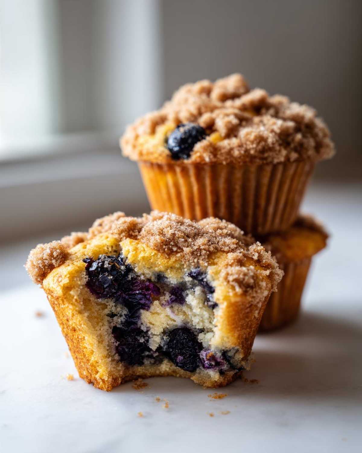 Close-up of a moist blueberry muffin with a bite taken out, revealing juicy blueberries inside and a thick crumb topping.