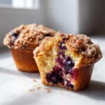 Close-up of a delicious blueberry muffin cut in half showing moist interior and juicy berries, topped with cinnamon streusel.